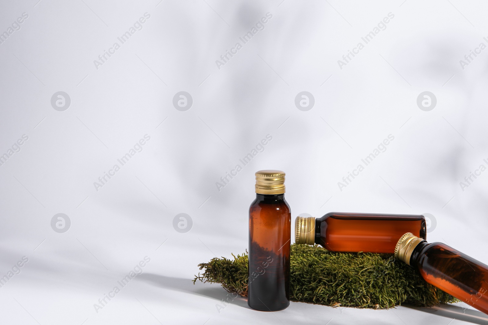 Photo of Bottles of cosmetic products and green moss on white background. Space for text