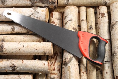 Photo of Saw with colorful handle on firewood, top view