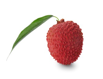 Whole ripe lychee fruit with green leaf isolated on white