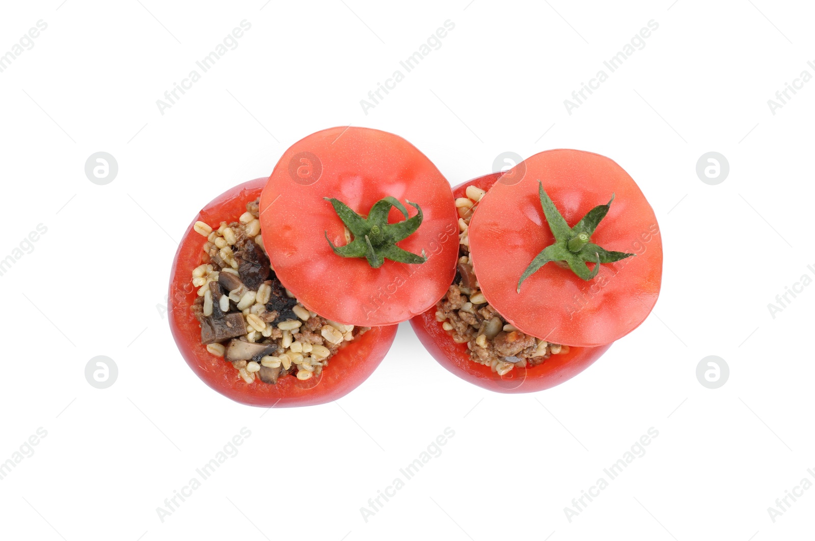 Photo of Delicious stuffed tomatoes with minced beef, bulgur and mushrooms isolated on white, top view