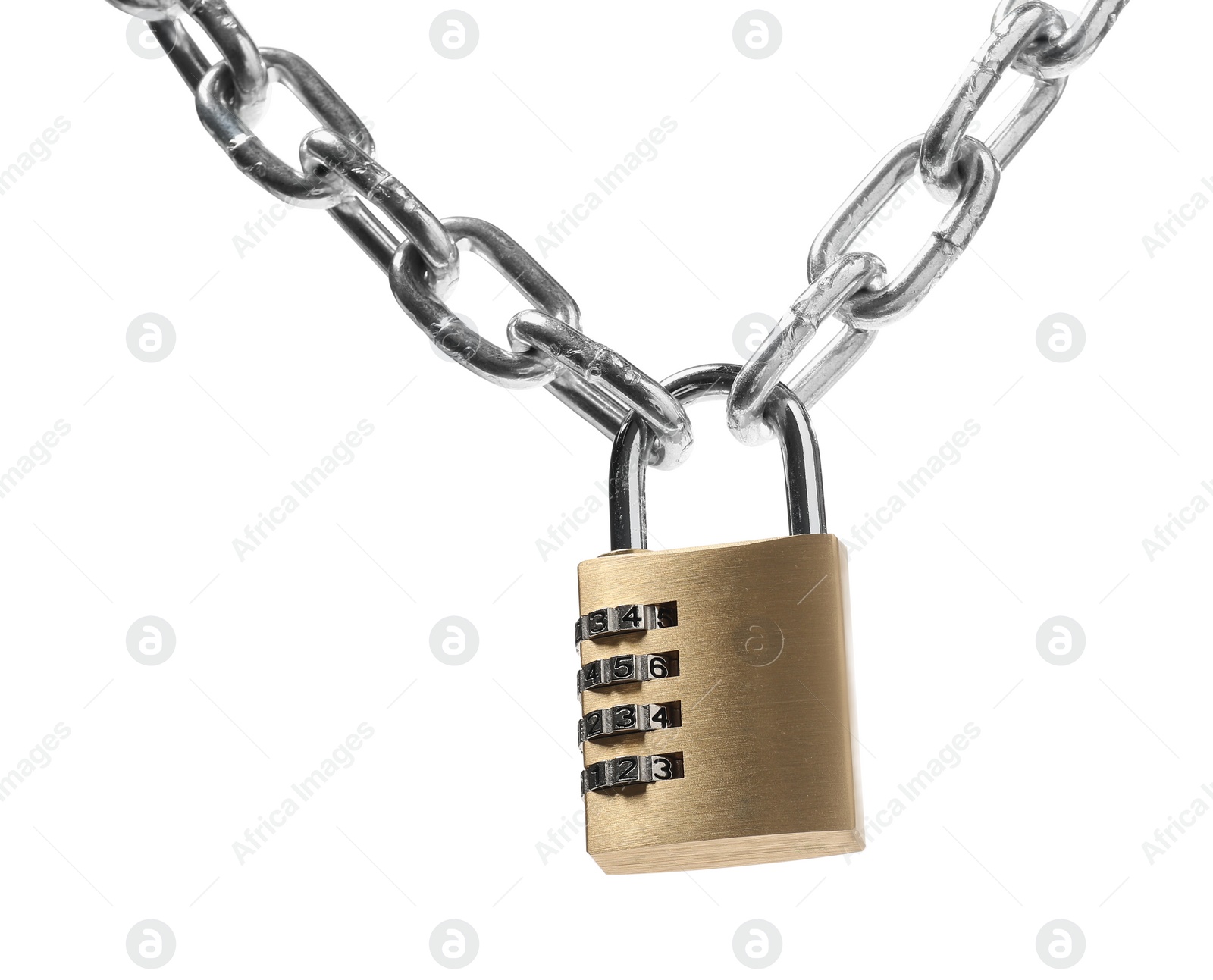 Photo of Steel combination padlock and chain isolated on white