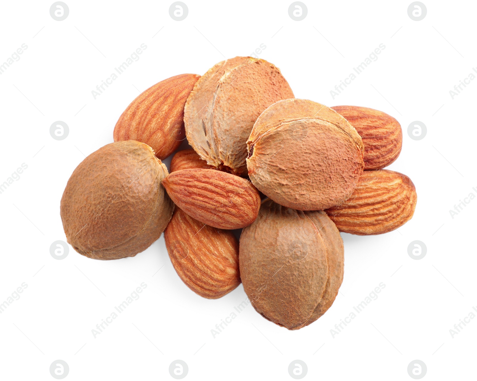 Photo of Organic dried apricot kernels on white background