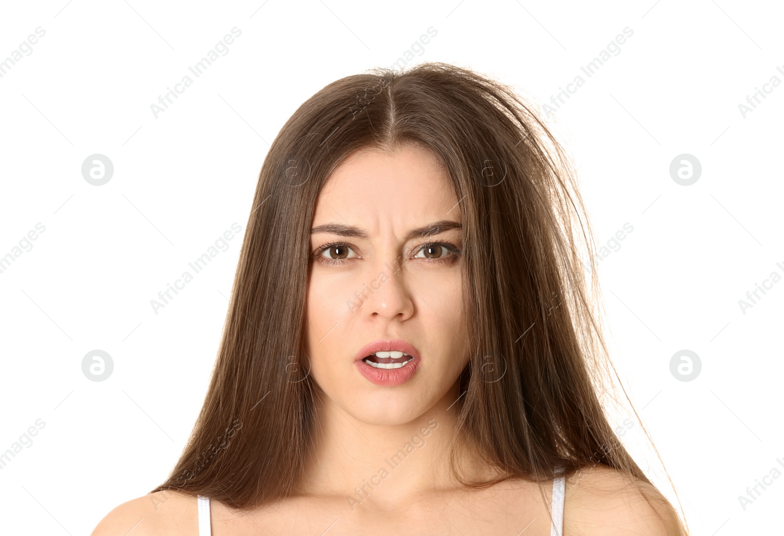 Photo of Emotional woman before and after hair treatment on white background