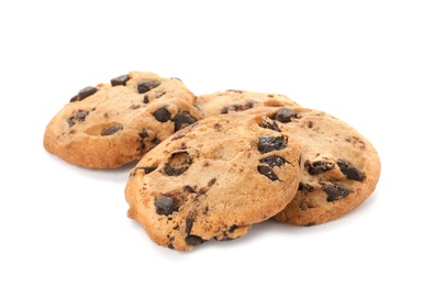 Tasty chocolate cookies on white background