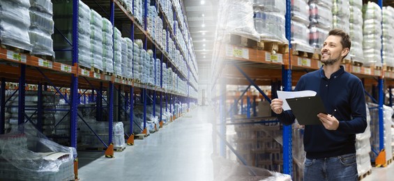 Distribution. Happy manager with clipboard in warehouse, double exposure. Banner design