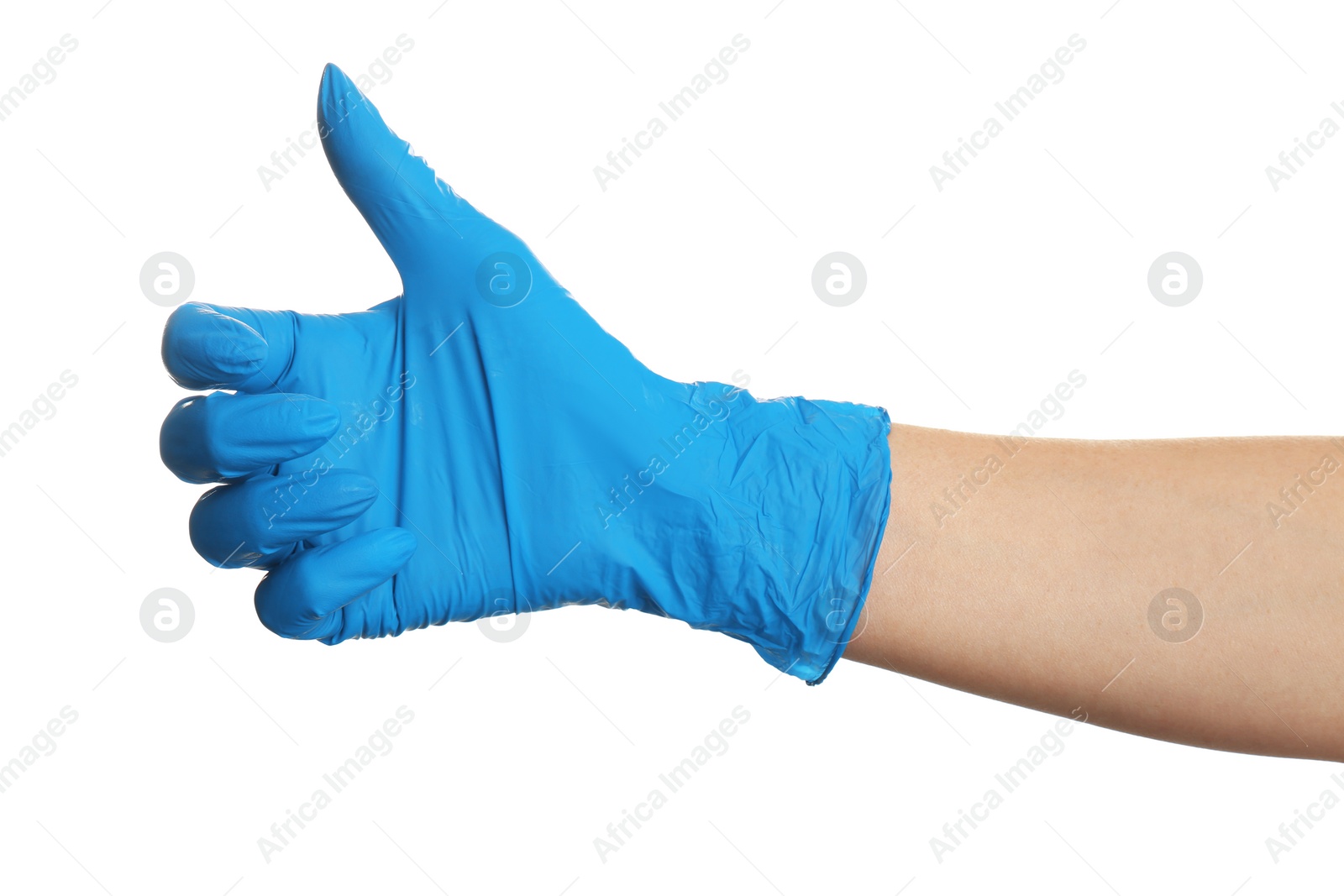 Photo of Woman in blue latex gloves holding something on white background, closeup of hand