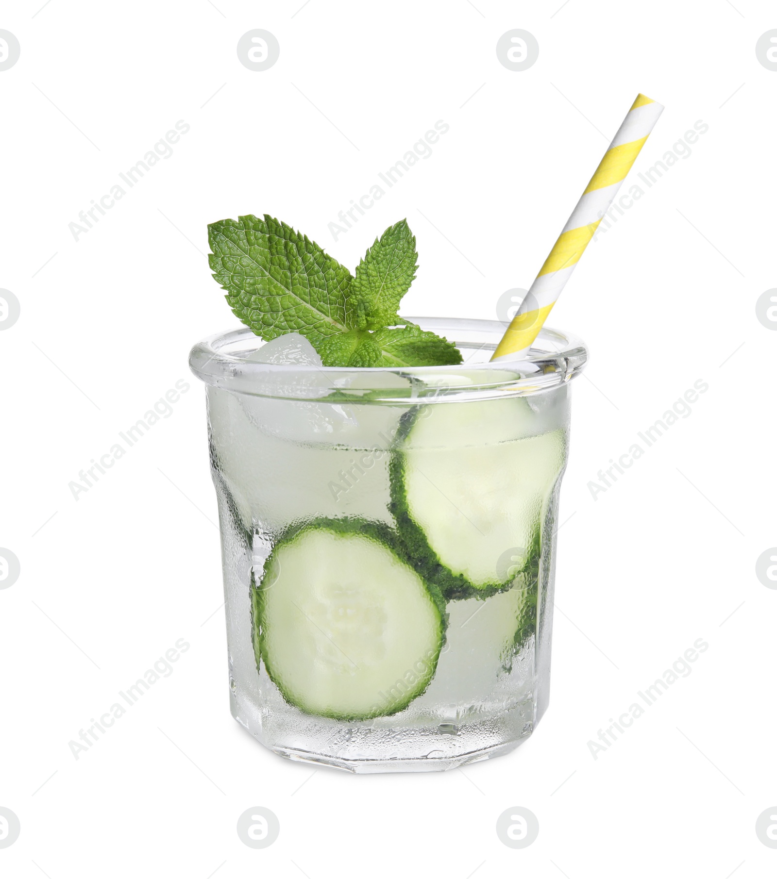 Photo of Refreshing cucumber water with mint in glass isolated on white