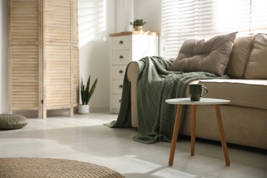 Photo of Contemporary living room interior with sofa, drawer and little table