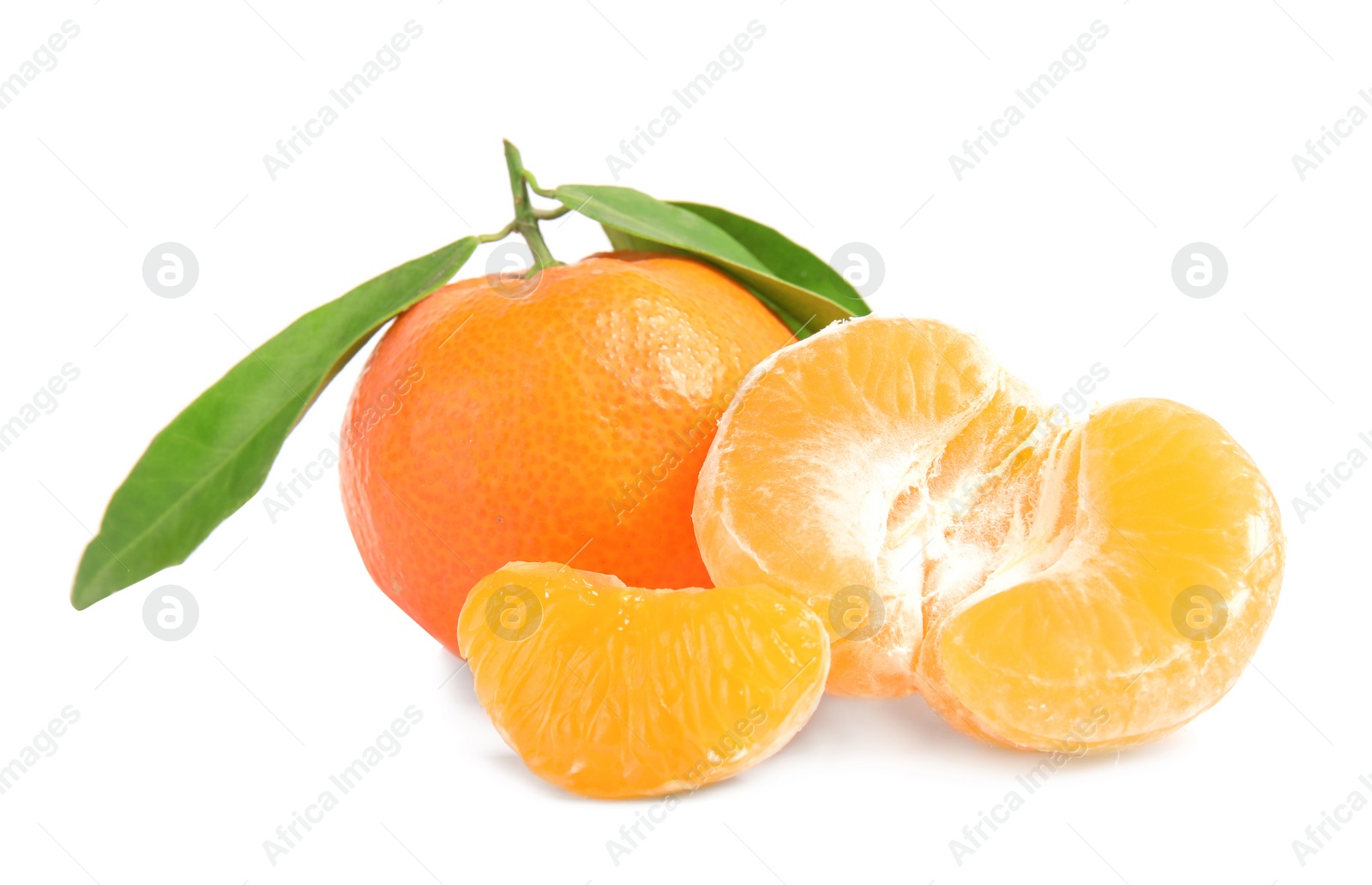 Photo of Tasty ripe tangerines with leaves on white background