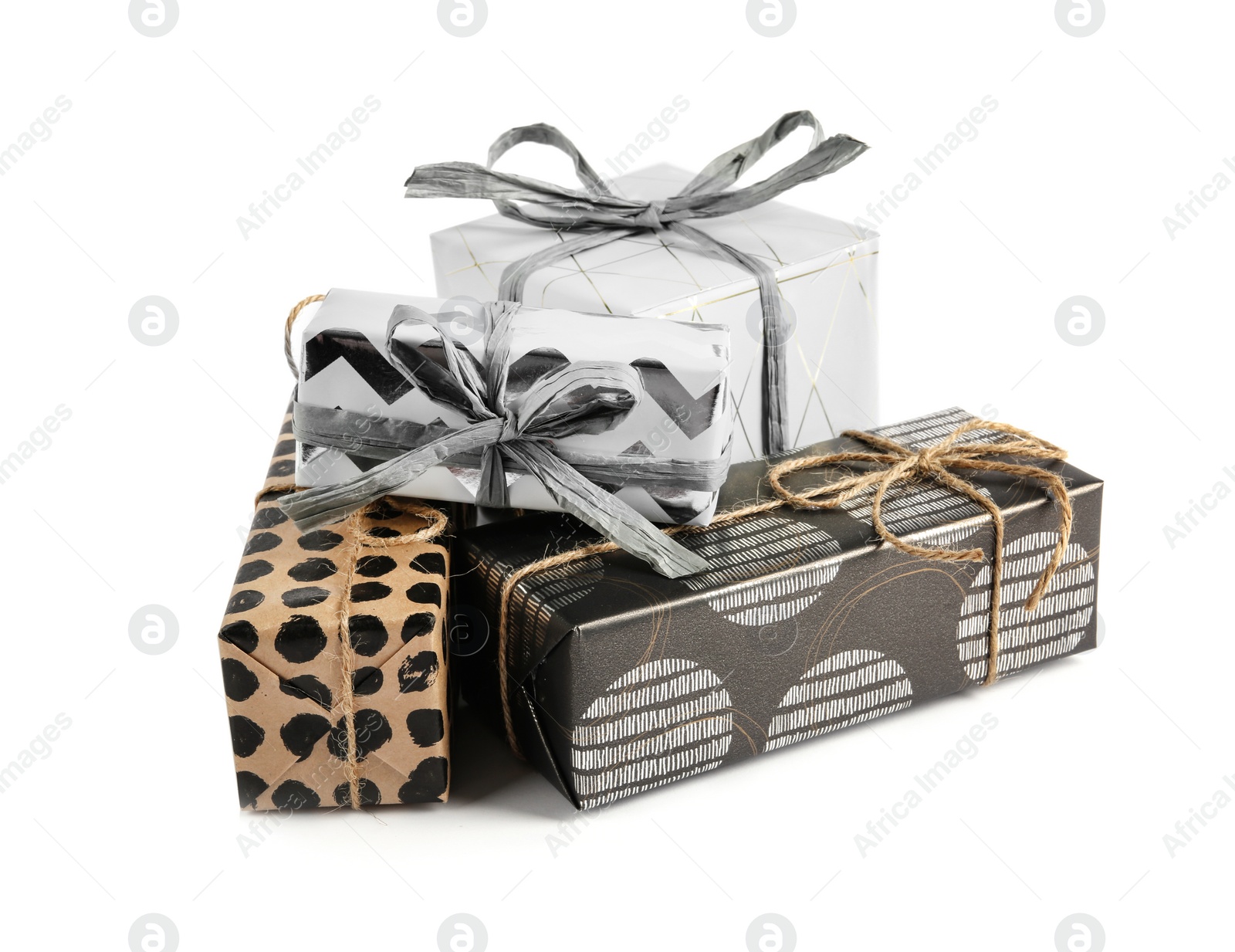 Photo of Heap of beautiful gift boxes on white background