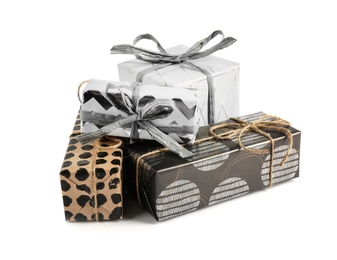 Heap of beautiful gift boxes on white background