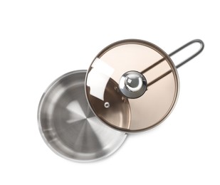 New shiny saucepan with glass lid isolated on white, top view