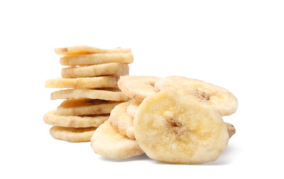 Photo of Sweet banana slices on white background. Dried fruit as healthy snack