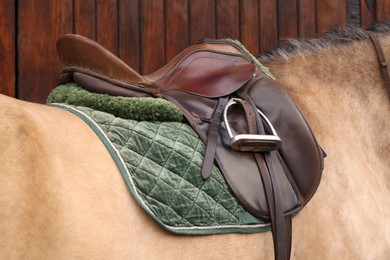 Photo of Horse with saddle near barn outdoors, closeup. Lovely domesticated pet