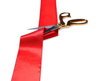 Photo of Ribbon and scissors on white background. Ceremonial red tape cutting