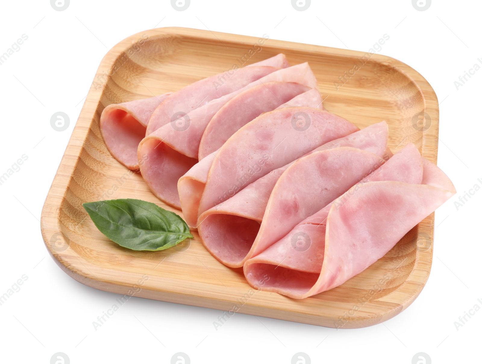 Photo of Slices of tasty ham and basil isolated on white