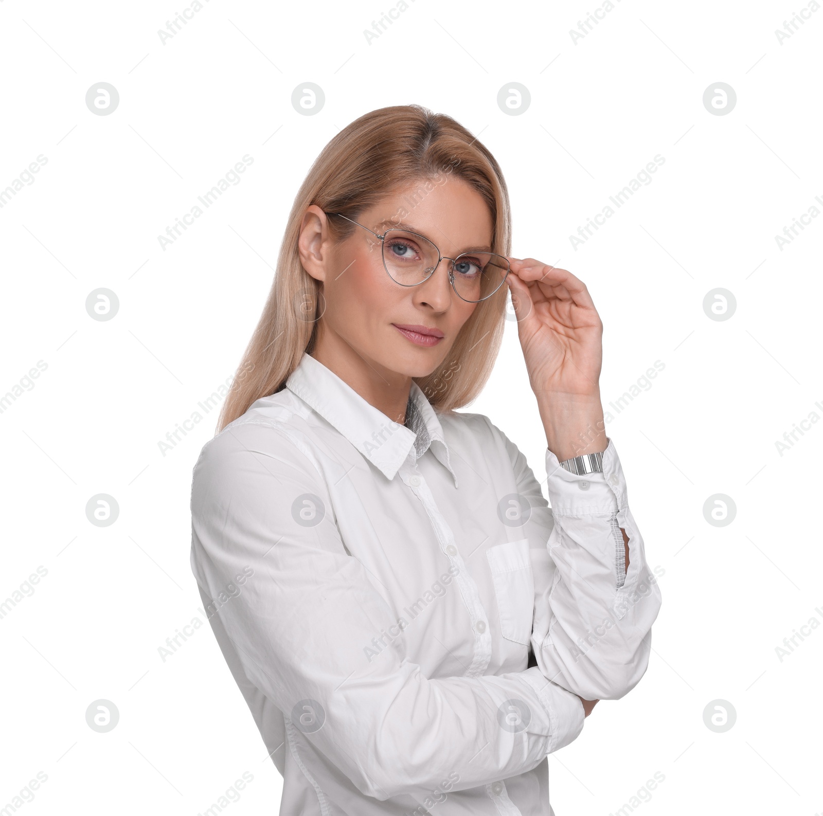 Photo of Portrait of beautiful woman in glasses on white background. Lawyer, businesswoman, accountant or manager