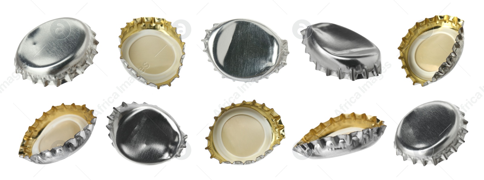 Image of Silver beer bottle caps isolated on white, set