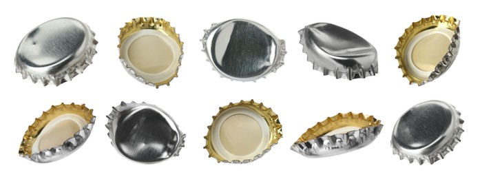 Image of Silver beer bottle caps isolated on white, set