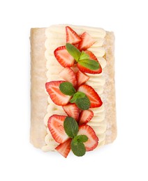 Delicious cake roll with strawberries and mint isolated on white, top view