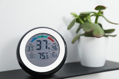 Photo of Digital hygrometer with thermometer and green plant on shelf, closeup