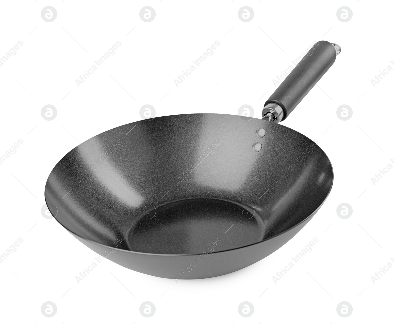 Photo of One empty metal wok isolated on white