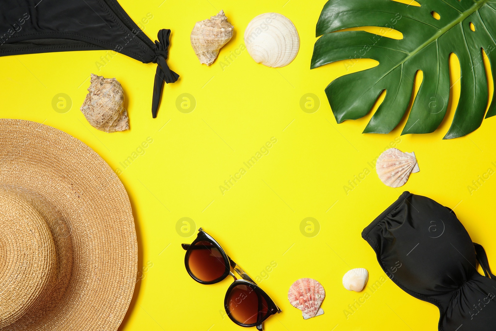 Photo of Flat lay composition with stylish bikini on color background. Space for text