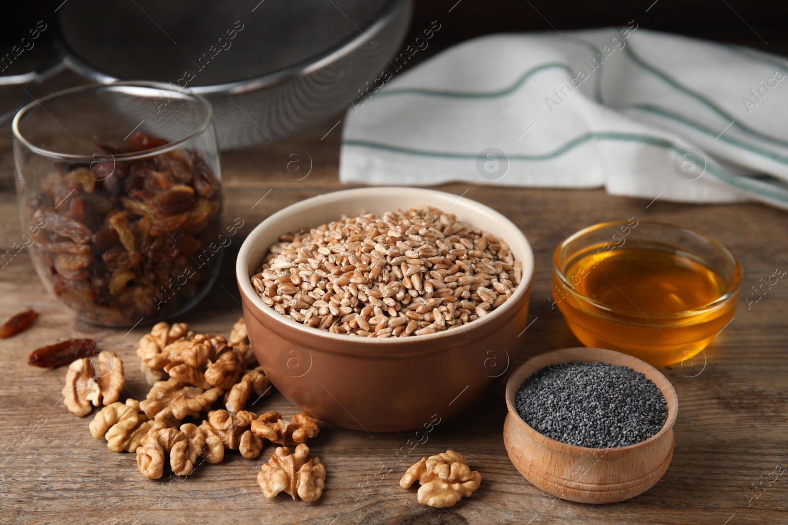 Photo of Ingredients for traditional kutia on wooden table