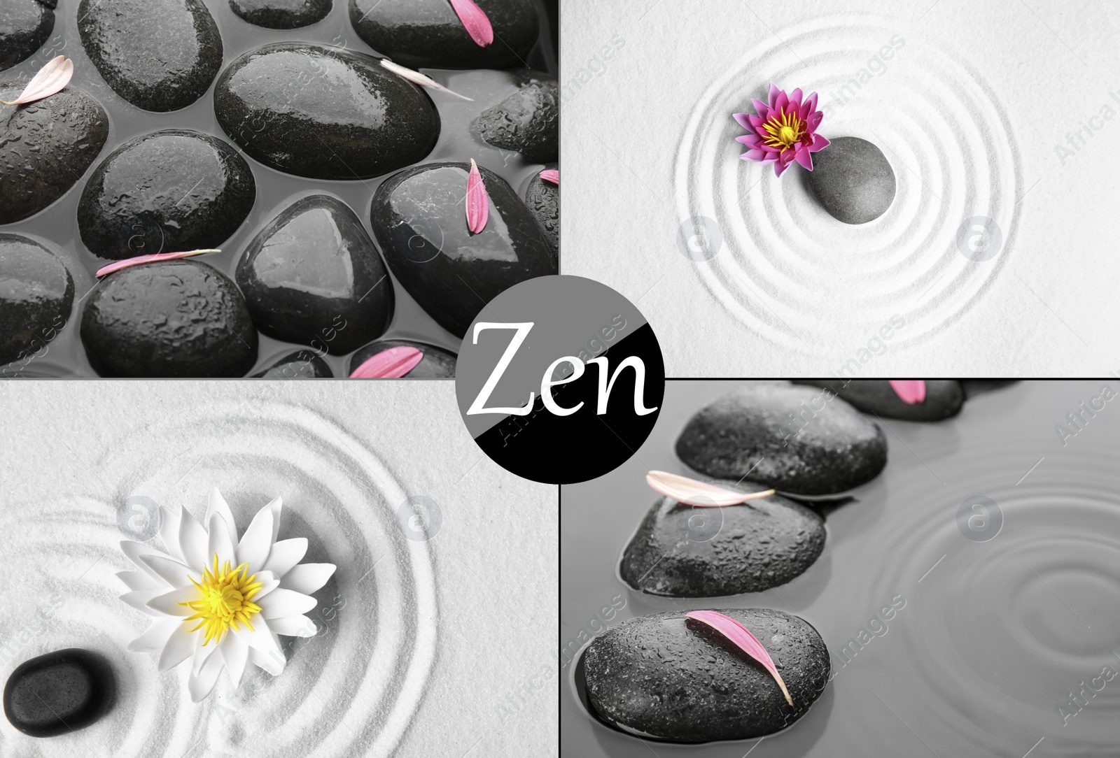 Image of Collage with photos of beautiful stones. Zen and harmony
