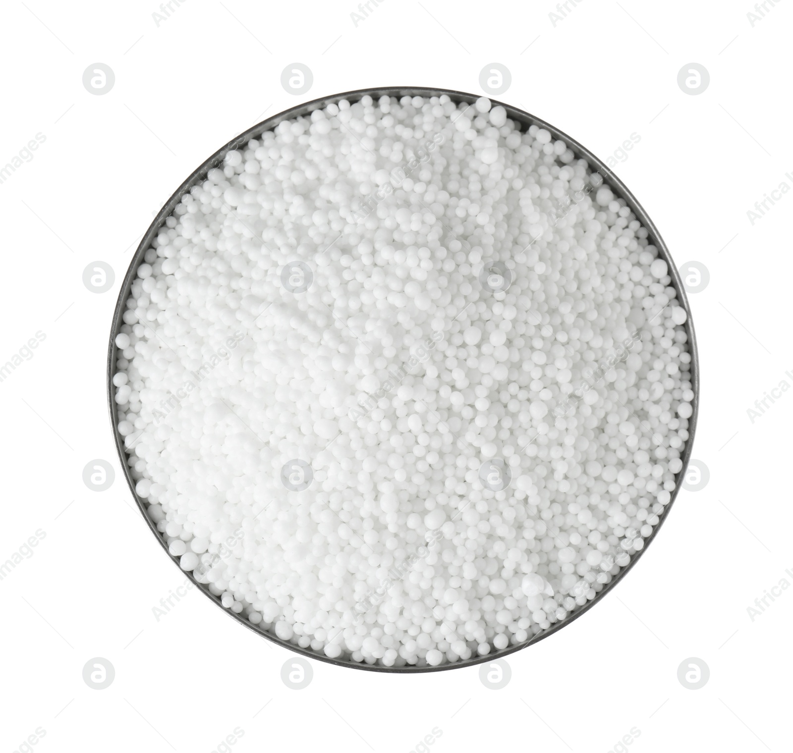 Photo of Pellets of ammonium nitrate in bowl isolated on white, top view. Mineral fertilizer