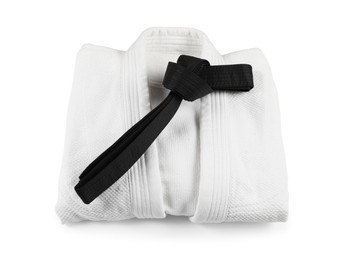 Photo of Martial arts uniform with black belt isolated on white