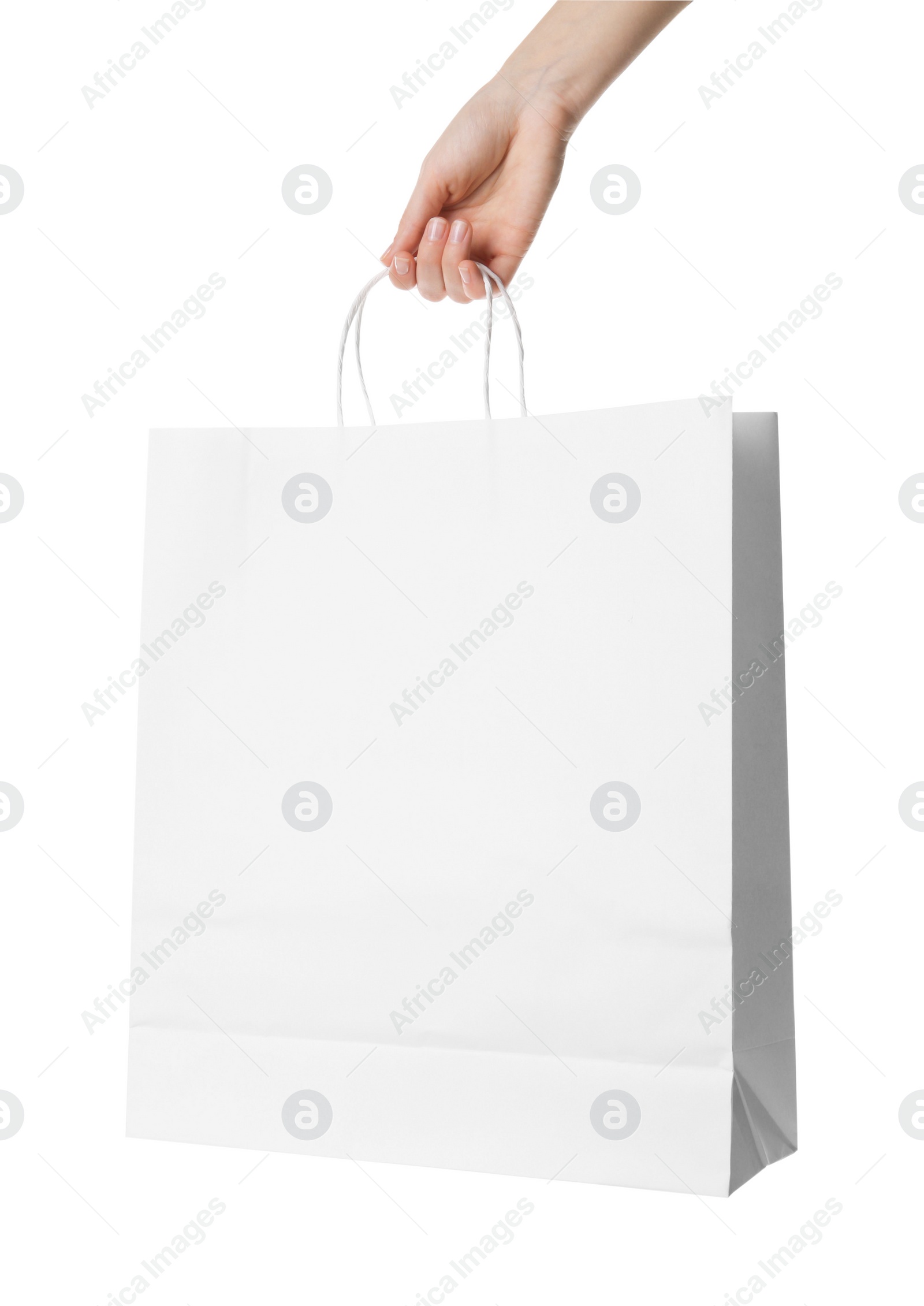 Photo of Woman holding paper bag on white background, closeup. Mockup for design