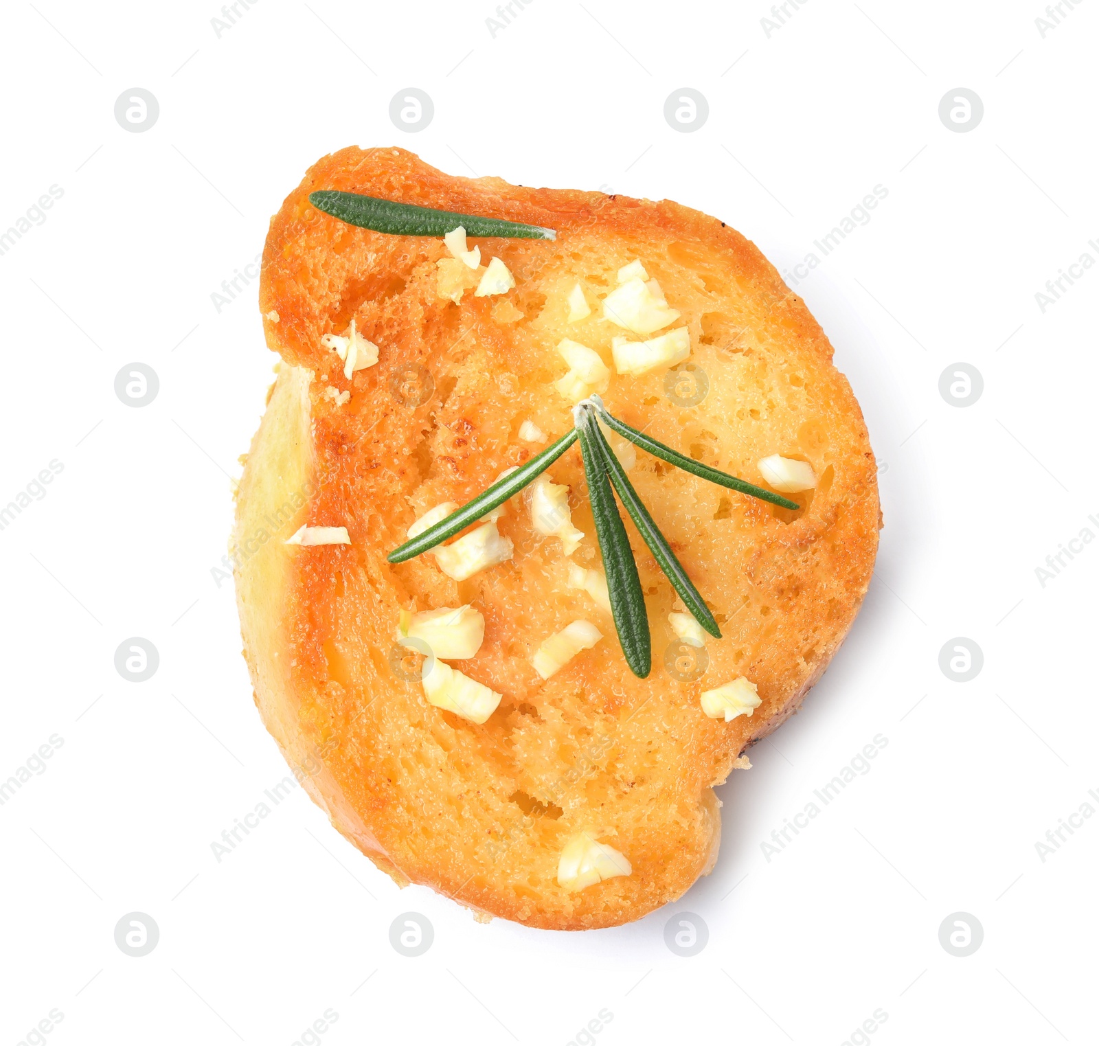 Photo of Slice of garlic bread with herbs isolated on white, top view