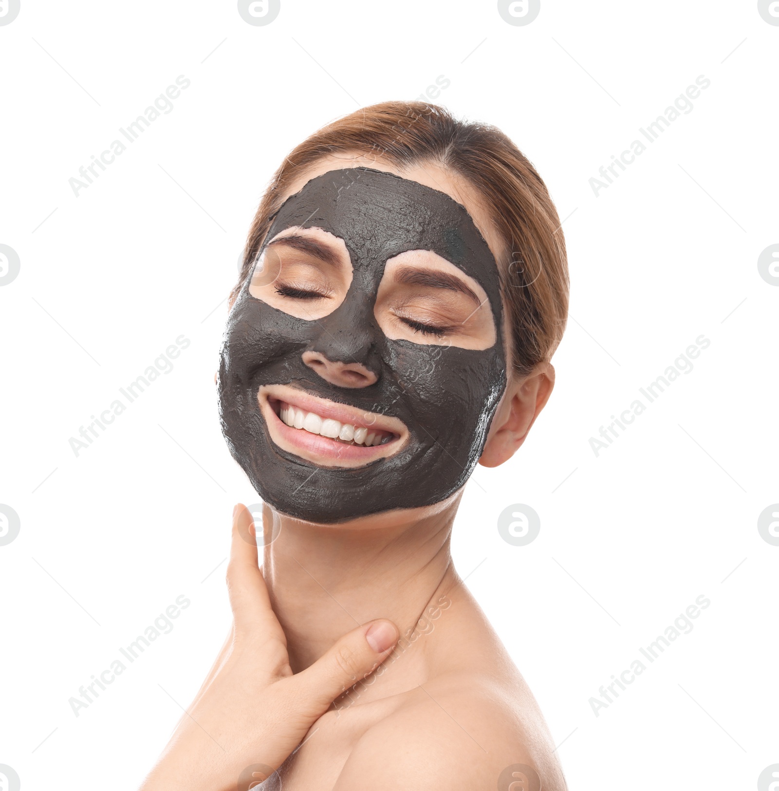 Photo of Beautiful woman with black mask on face against white background