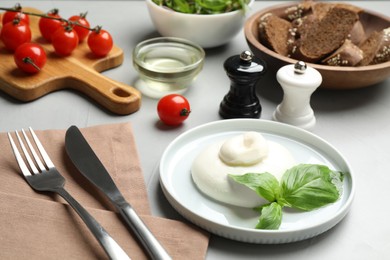 Photo of Delicious burrata cheese with basil served on light grey table