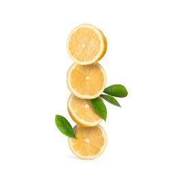 Stack of cut fresh lemons with green leaves isolated on white