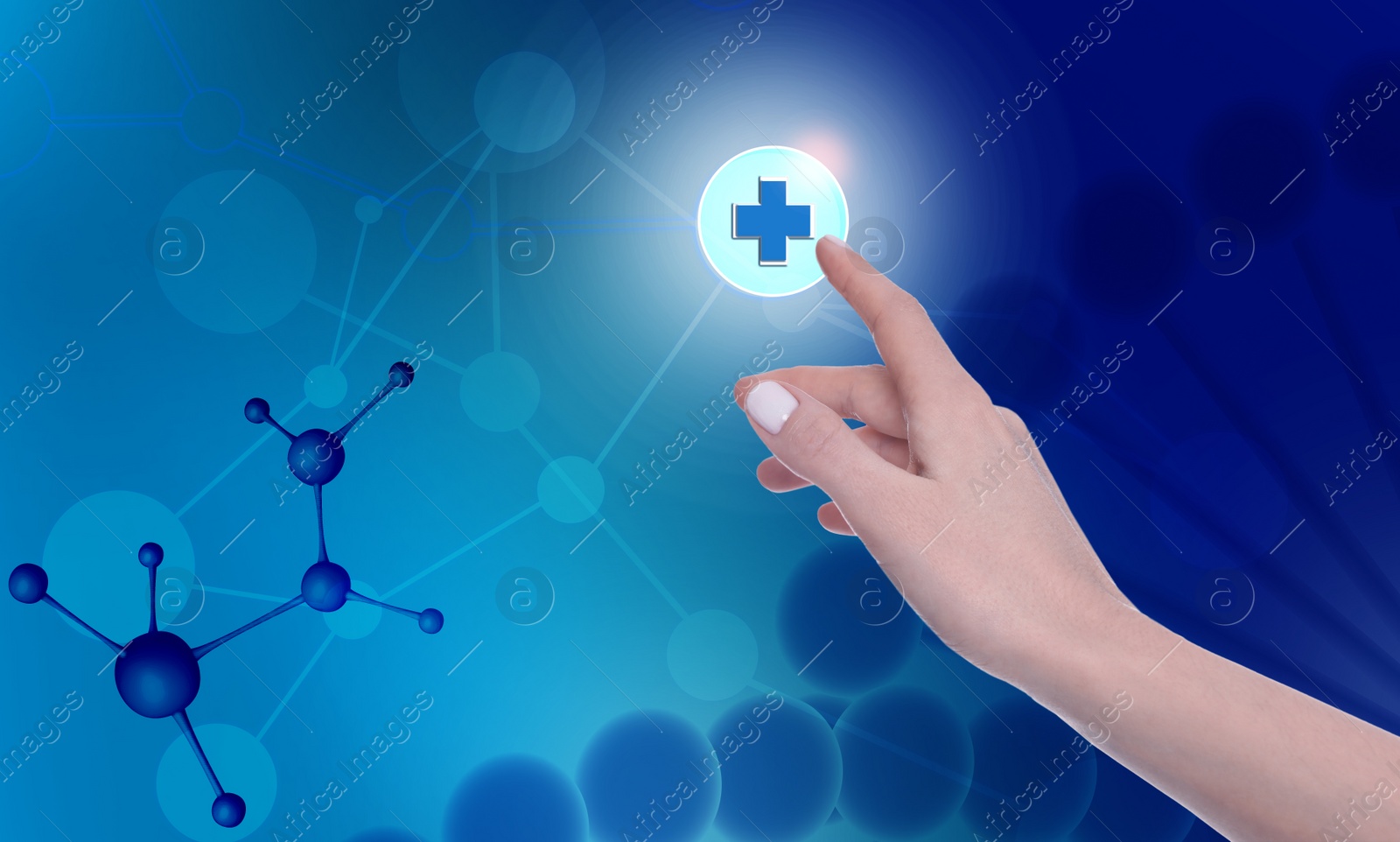 Image of Woman pressing virtual first aid button on blue background, closeup. Emergency help