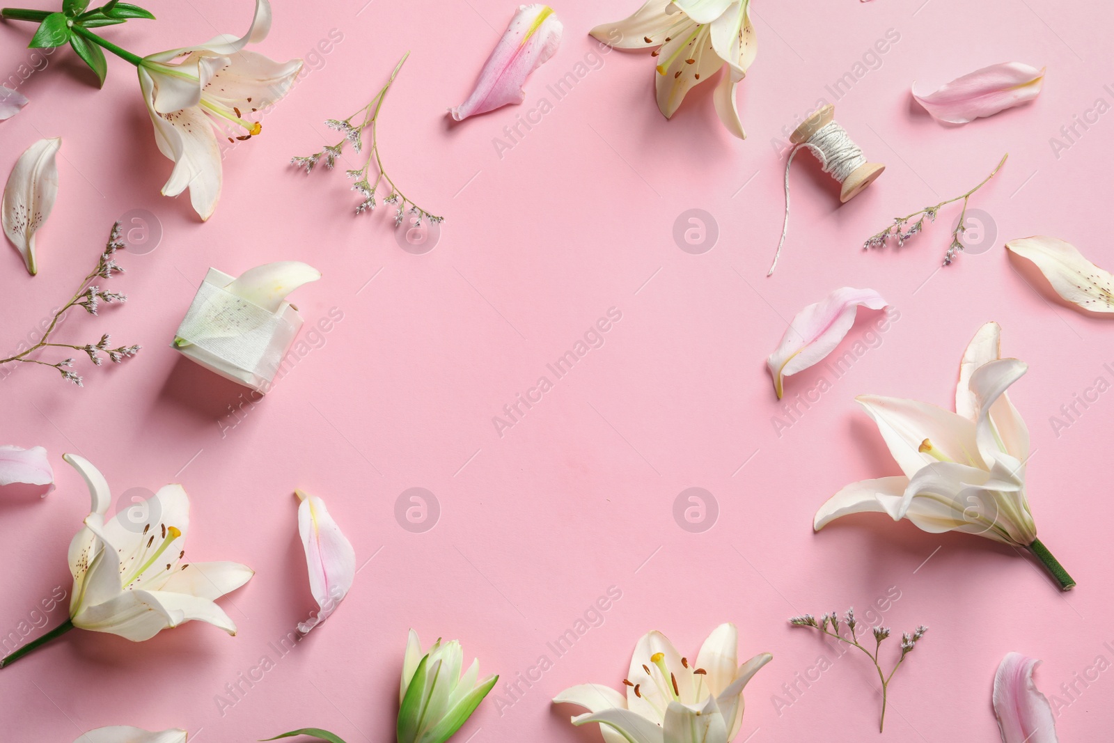 Photo of Flat lay composition with lily flowers on color background