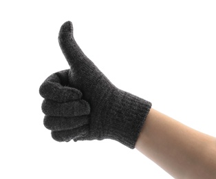 Photo of Woman in black woolen glove on white background, closeup. Winter clothes