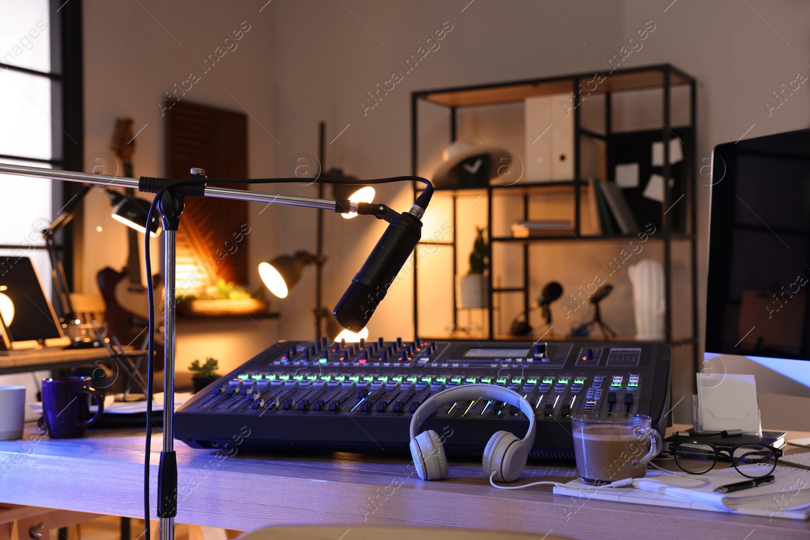 Photo of Professional audio equipment in modern radio studio