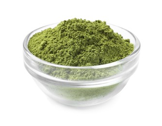 Photo of Green matcha powder in bowl isolated on white