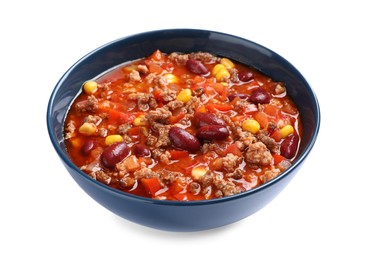 Photo of Bowl with tasty chili con carne on white background