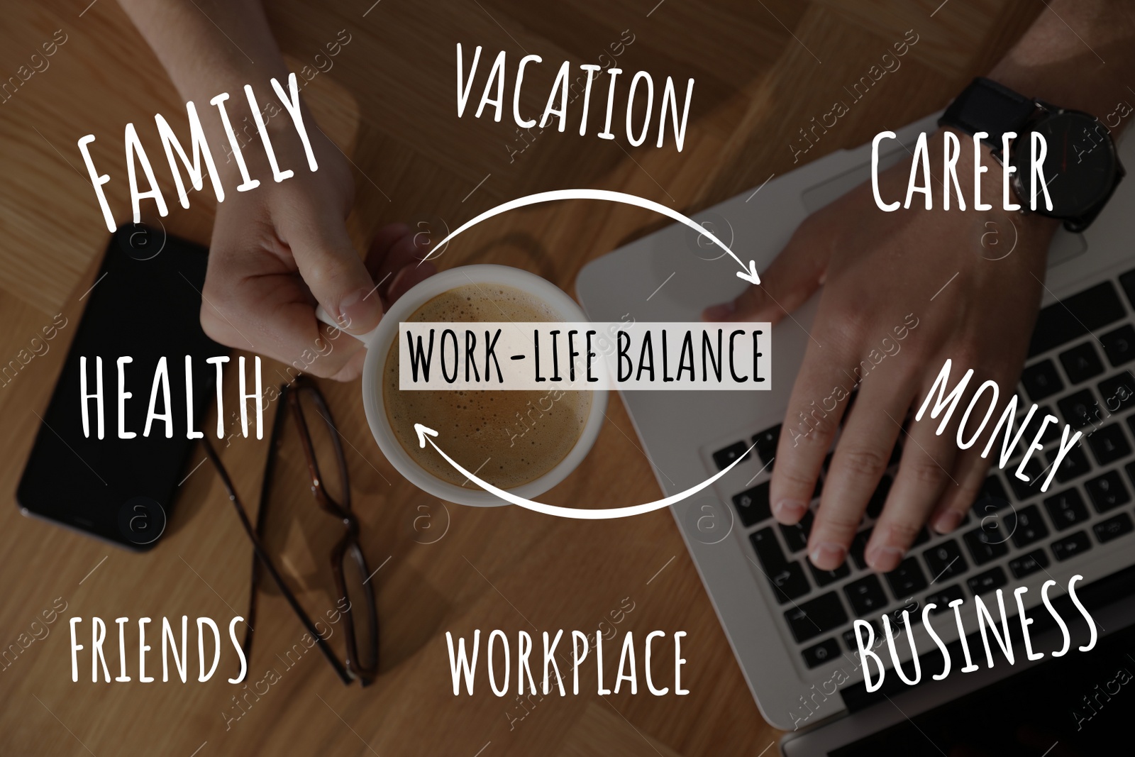 Image of Work-life balance concept. Man with laptop, cup of coffee and smartphone at wooden table, top view