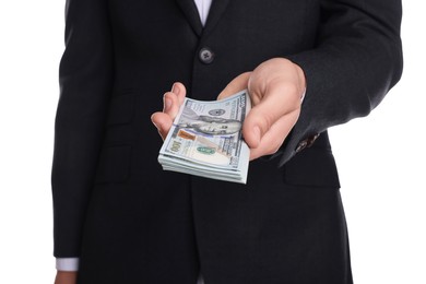 Photo of Money exchange. Man holding dollar banknotes on white background, closeup