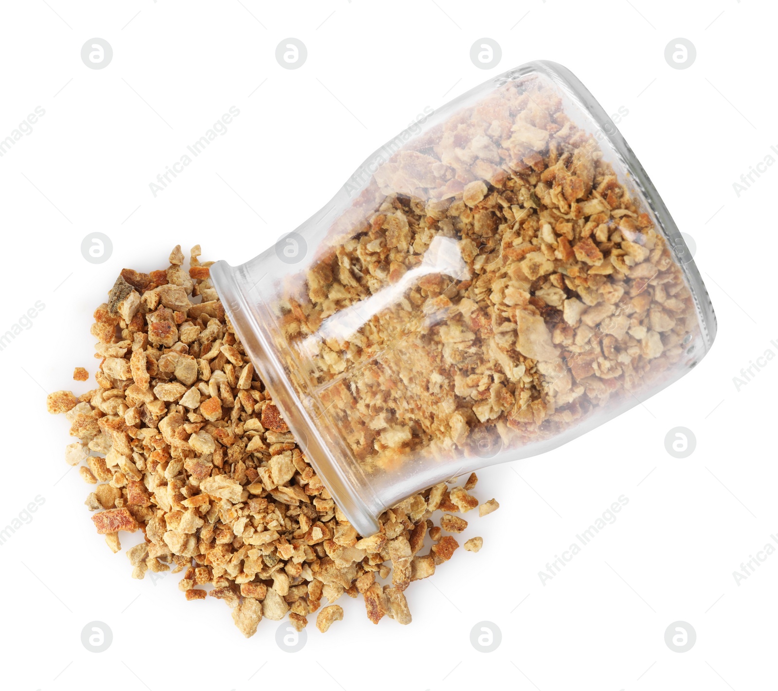 Photo of Jar of dried orange zest seasoning isolated on white, top view