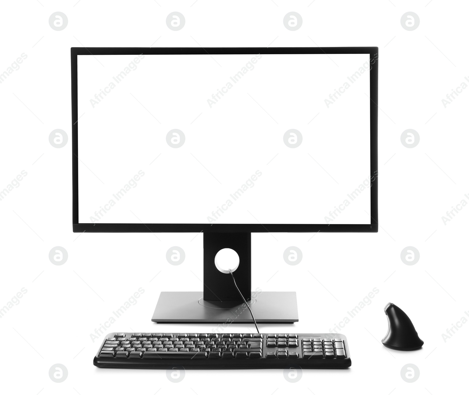 Photo of Modern computer with blank monitor screen and peripherals on white background