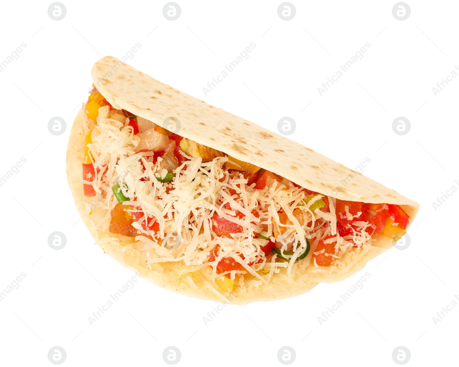 Photo of Delicious taco with vegetables and cheese isolated on white