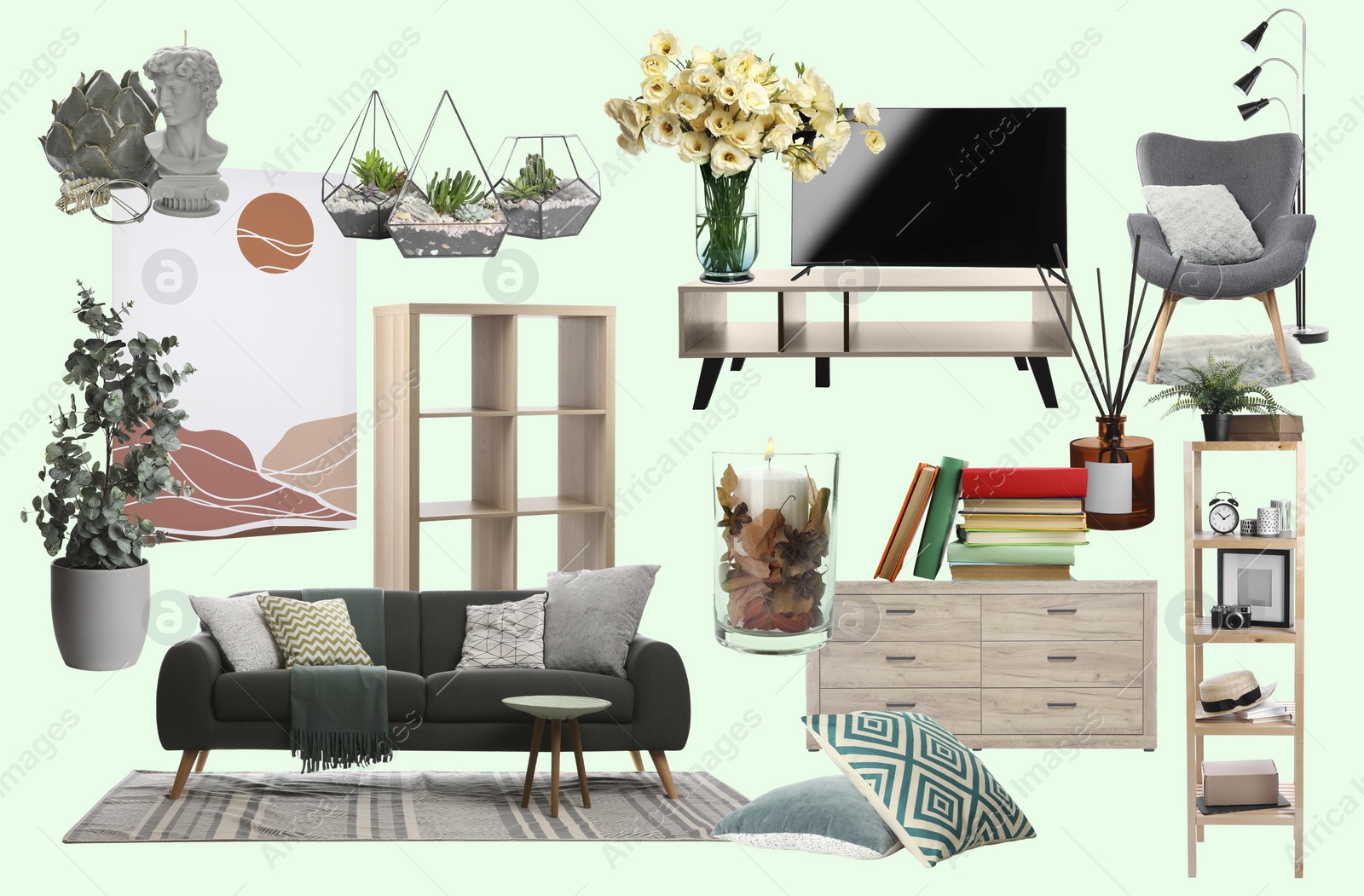Image of Living room interior design. Collage with different combinable furniture and decorative elements on pale light green background