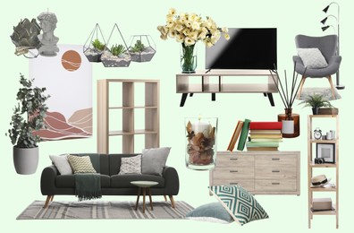 Living room interior design. Collage with different combinable furniture and decorative elements on pale light green background