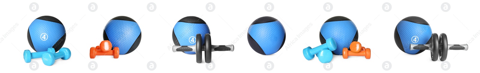 Image of Set with medicine balls and dumbbells on white background. Banner design